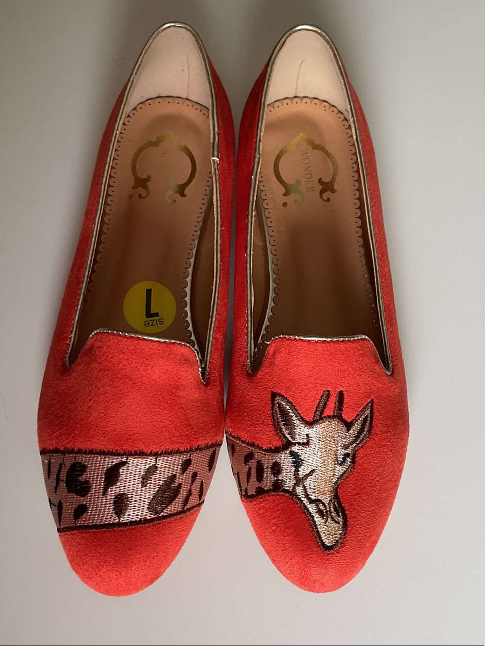 C. Wonder Red Suede Giraffe Embroidered Loafers